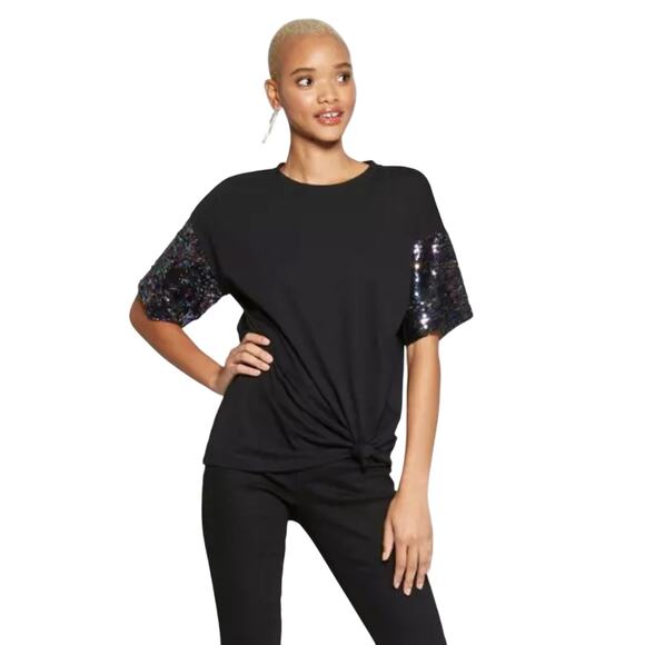 Wild fable Black Sparkly sequins Sleeve t-shirt oversized size XS - Picture 1 of 7